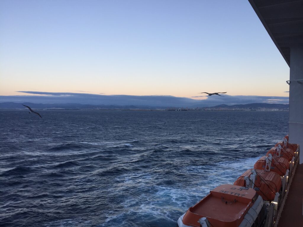 バルセロナ沖の海と飛ぶカモメ